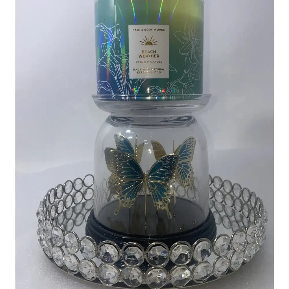 Bath & Body Works Butterfly Cloche Glass 3-Wick Candle Holder Pedestal Blue/New - Picture 4 of 6
